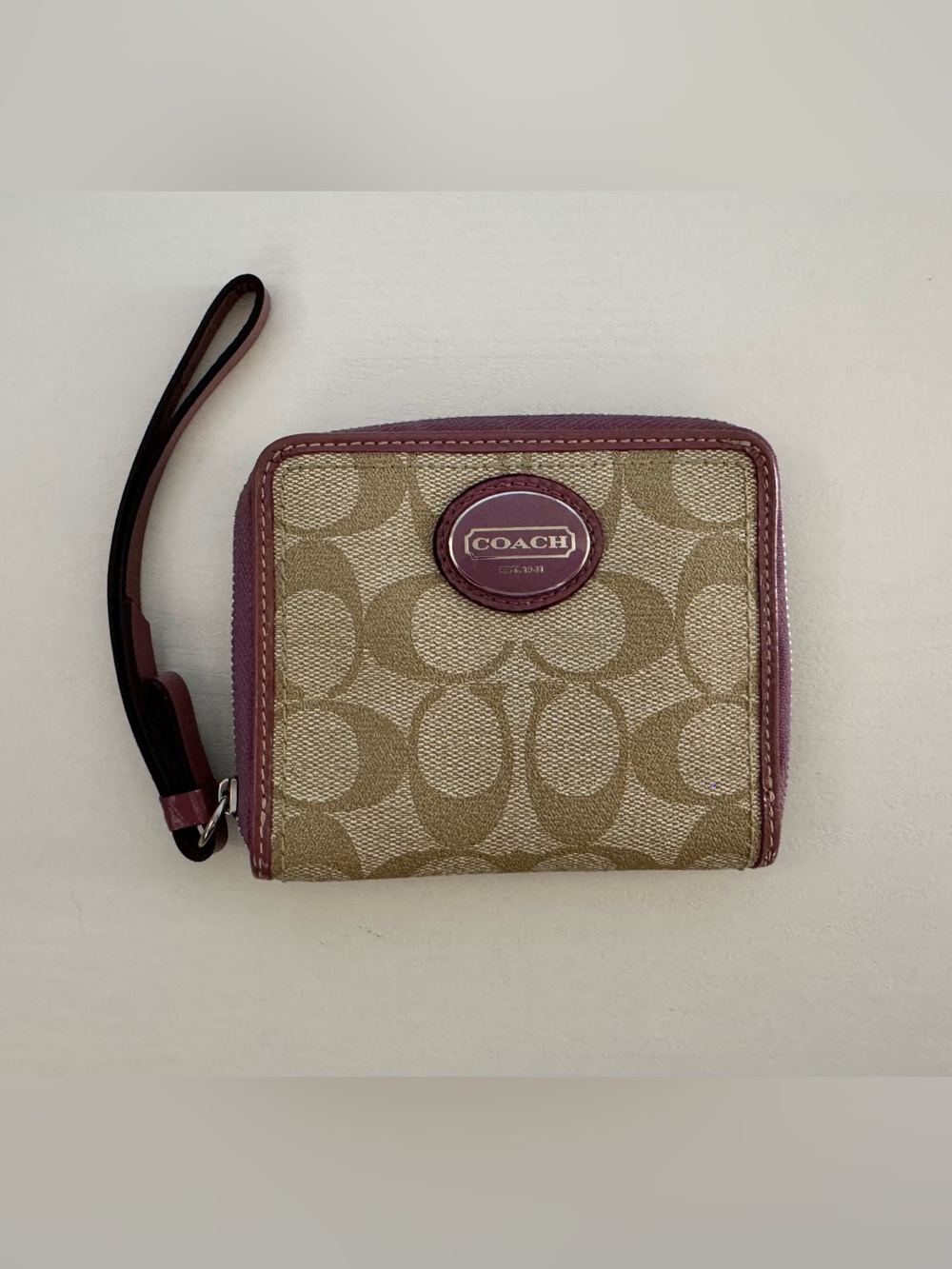 Coach Khaki Signature Canvas Zip Wristlet with Burgundy Trim